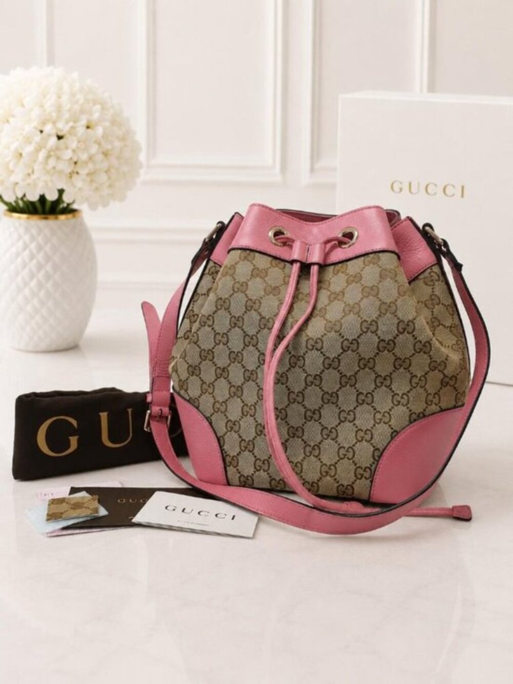 Authentic Gucci GG Supreme Canvas Pink Bucket Bag